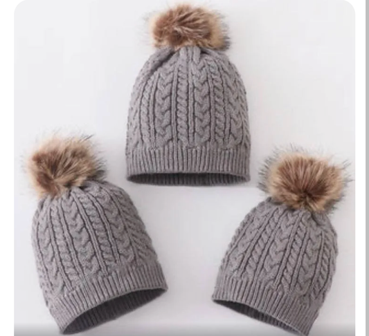 Grey Cable Knit Pom Pom Beanie Hat