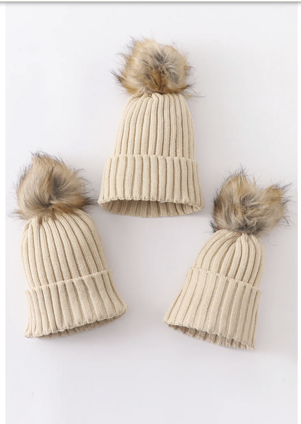 Beige knit pom pom beanie hat