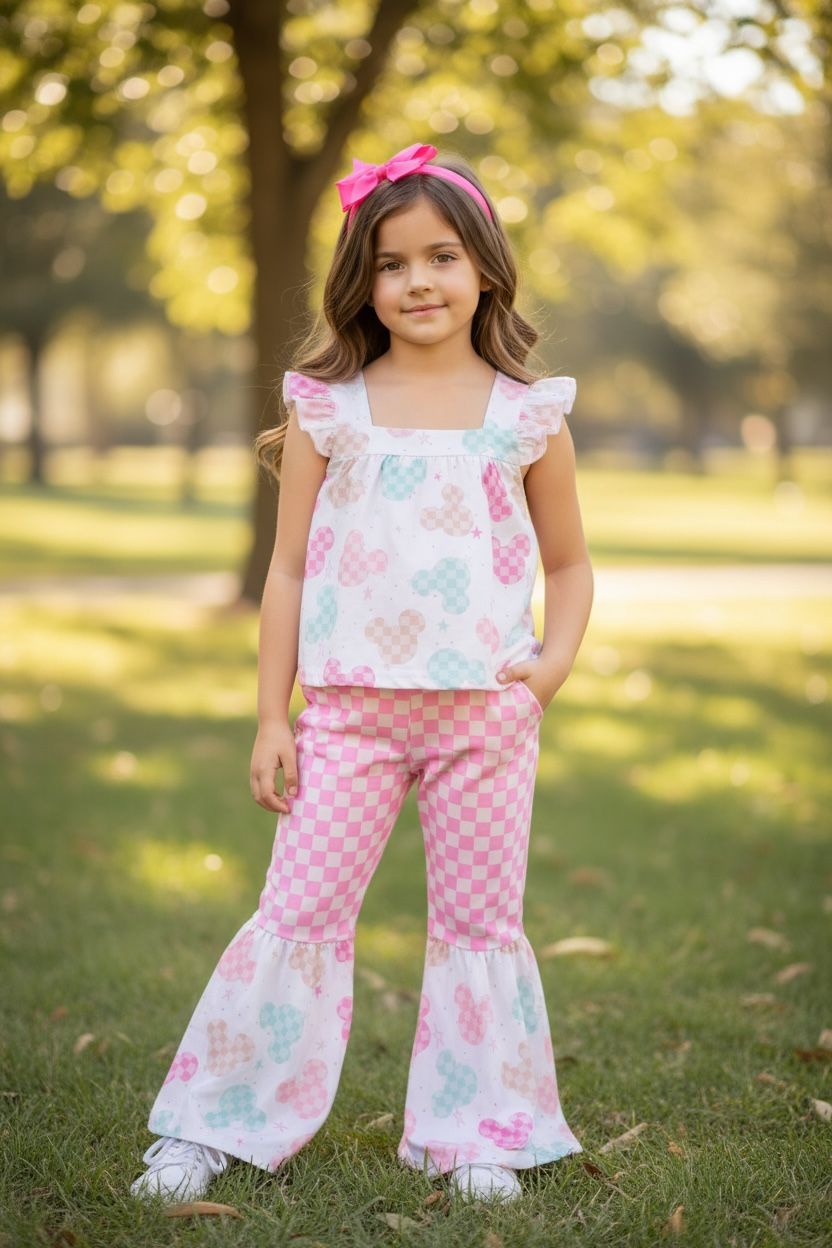 Checkered mouse tunic and bell bottoms.