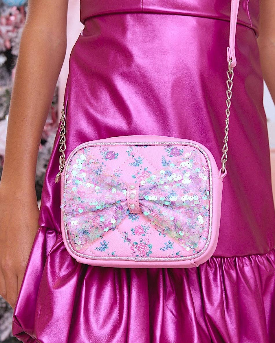 Floral Printed Sequins Bow Crossbody Bag