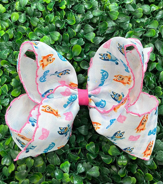 5" Bluey hair bows with moon stitch trim.