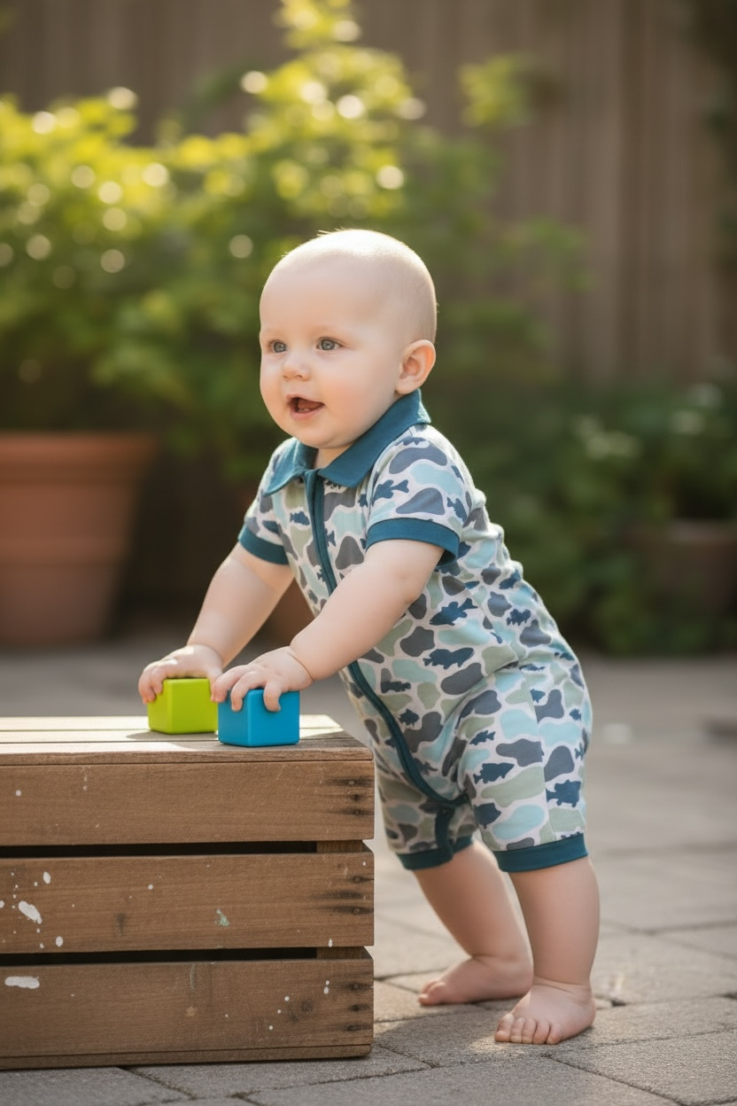 Camouflage boys romper with snaps.