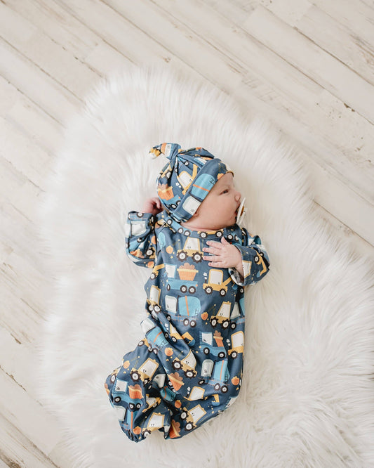 Infant Boys Truck Baby Gown and Hat Set