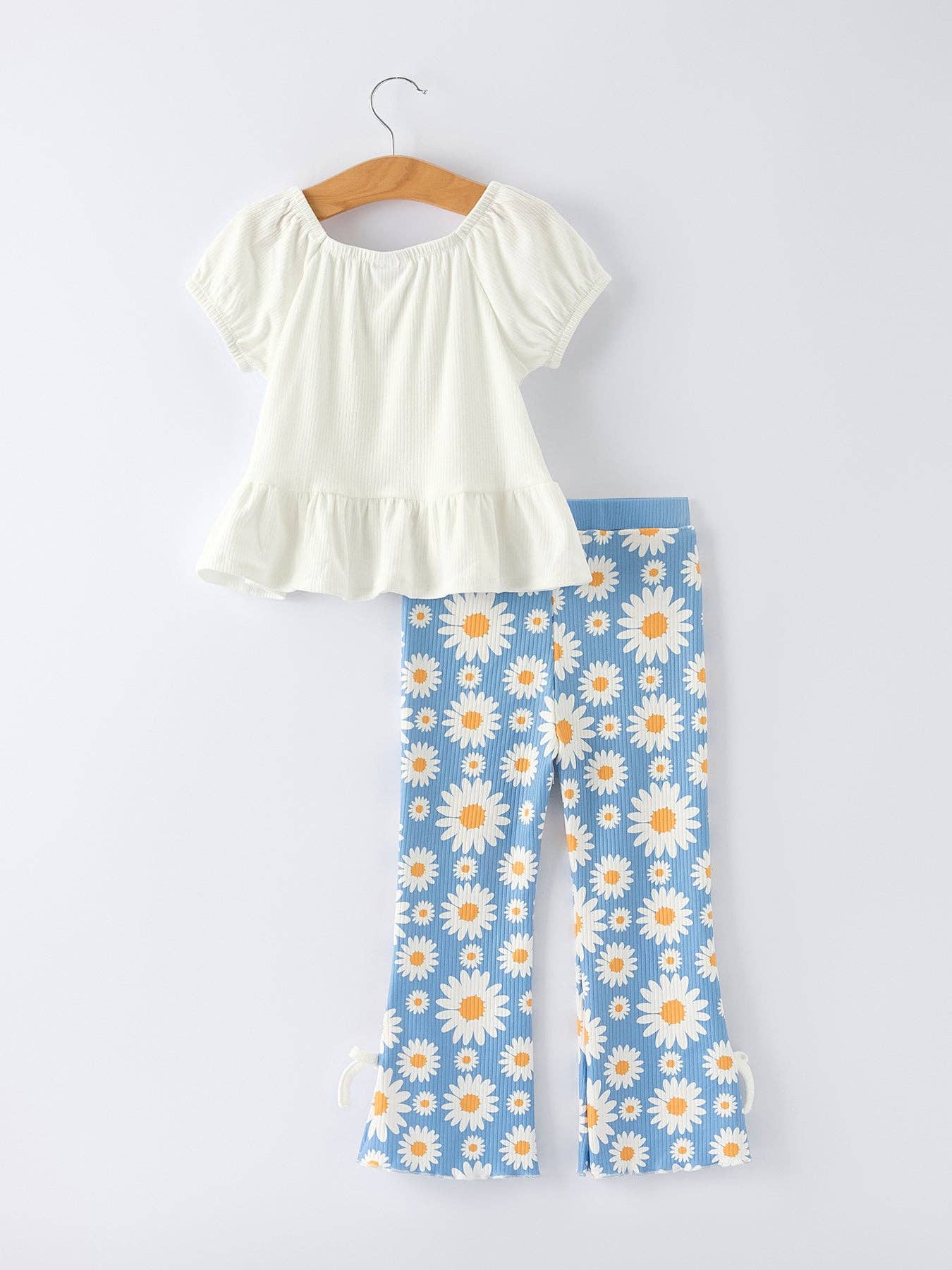 White Top & Daisy-Print Flared Pants