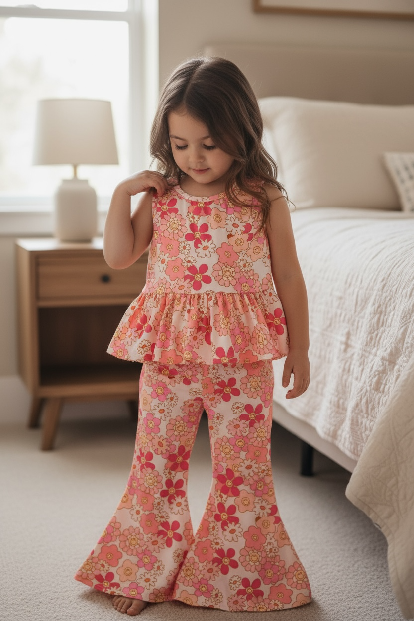 Cute floral tunic with ruffle hem & pants.