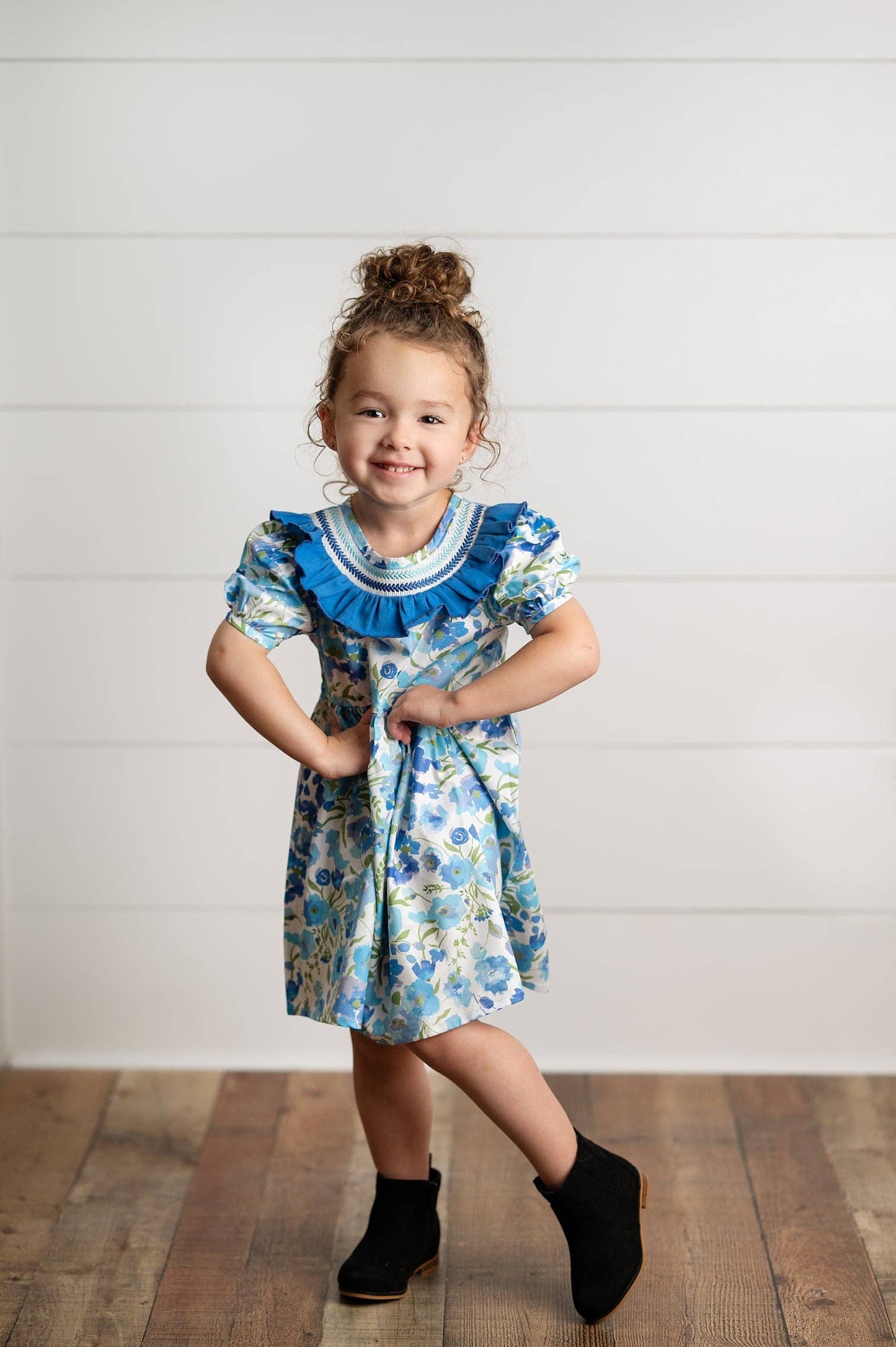 Girls Blue Vintage Floral Embroidered Ruffle Dress
