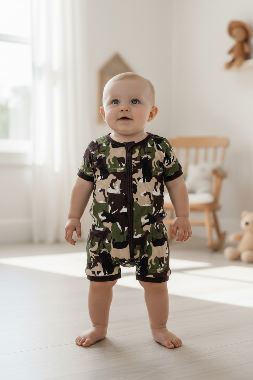 Camouflage  printed baby romper.