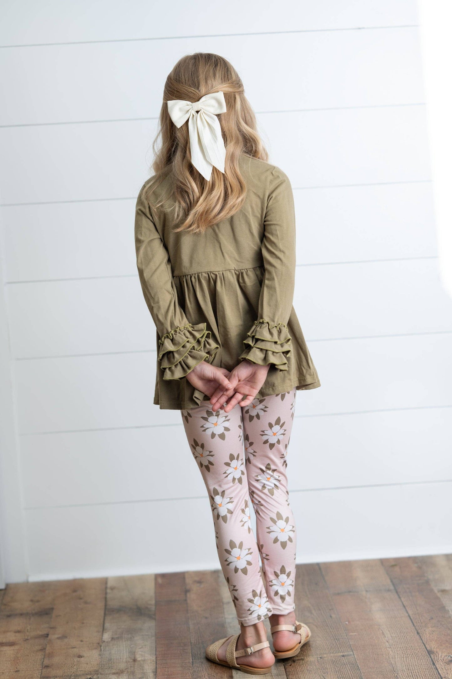 Sage Green 3 Ruffles Shirt & Floral Leggings Set