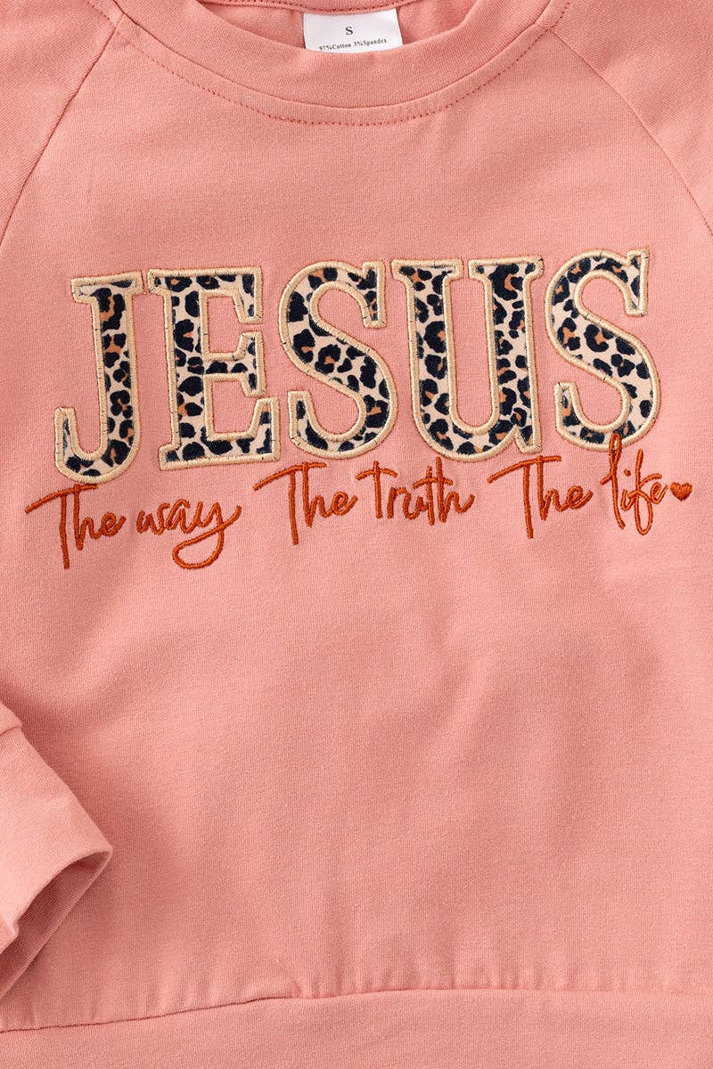 Jesus The way the truth the life" Cameo embroidered sweatshirt and animal printed bottoms.