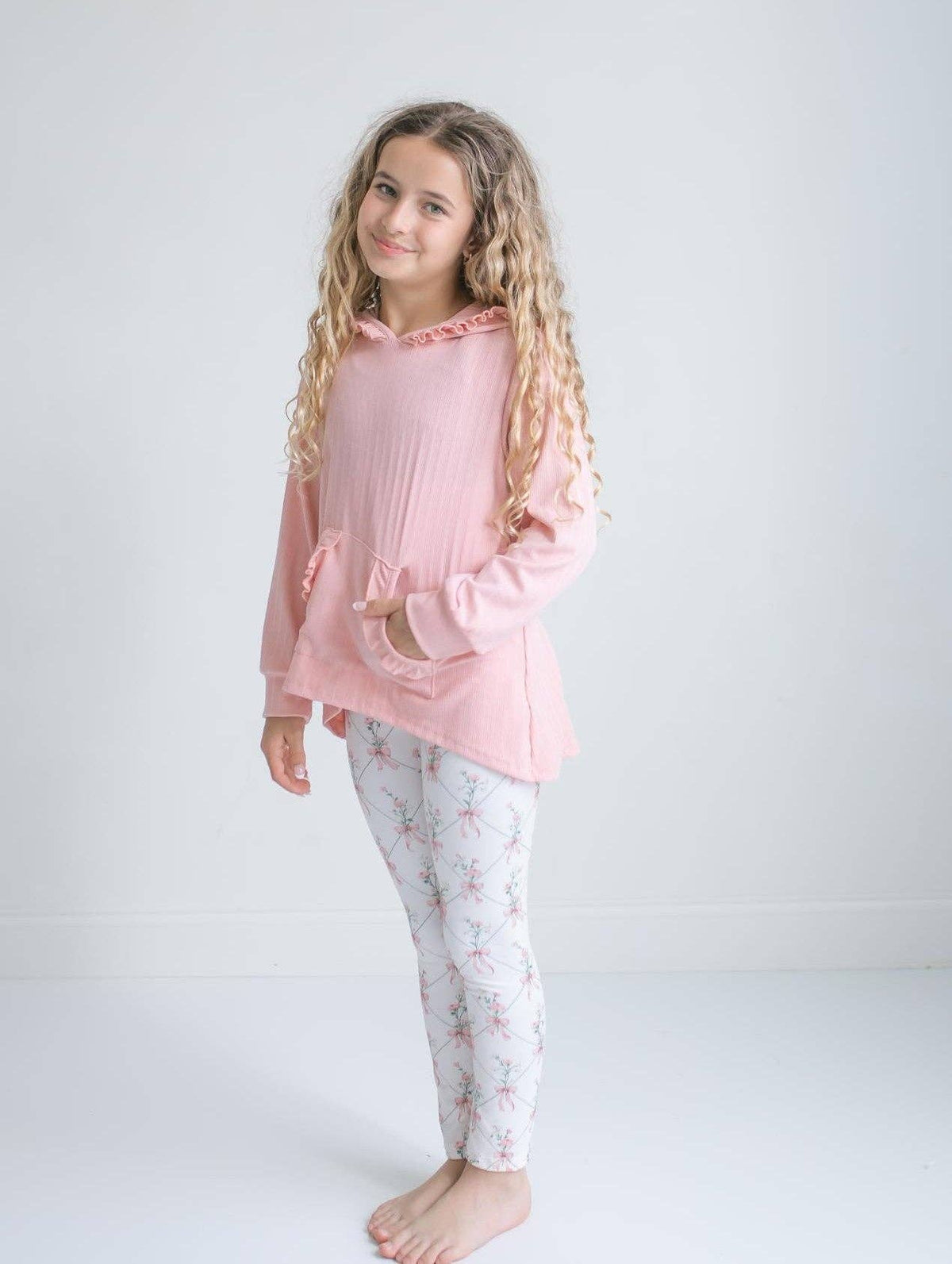 Girls Pink Ruffle Hoodie Legging Set