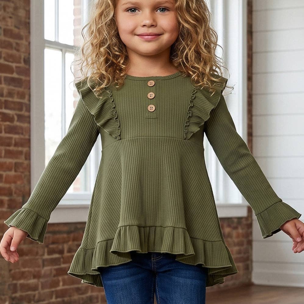 Kids Olive Green Ribbed Long Sleeve Ruffle Button Shirt