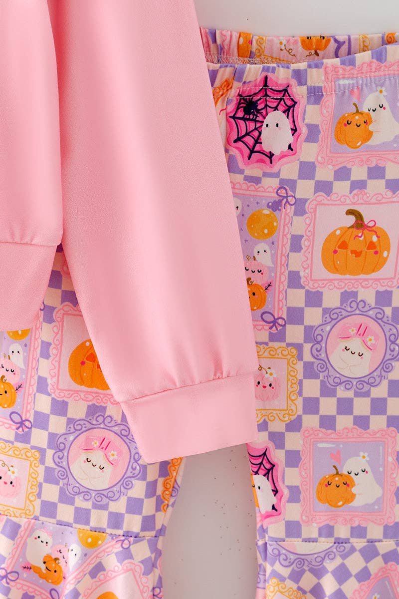 Boo" Pink Sweatshirt with checkered bell bottoms.