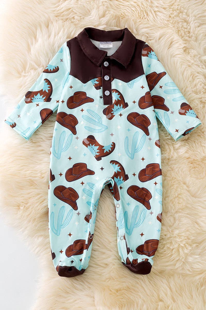 (WESTERN) Cowboy boot printed on blue baby onesie. RPB50468 AMY