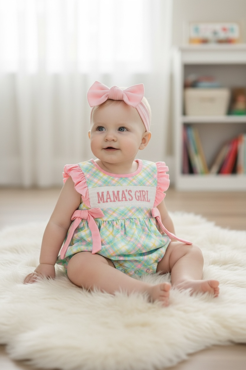 "Mama's girl" Mint green plaid romper.