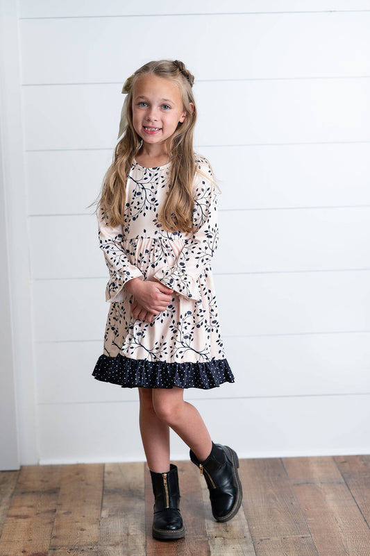Claire Beige Fall Leaf & Polka Dot Twirl Dress