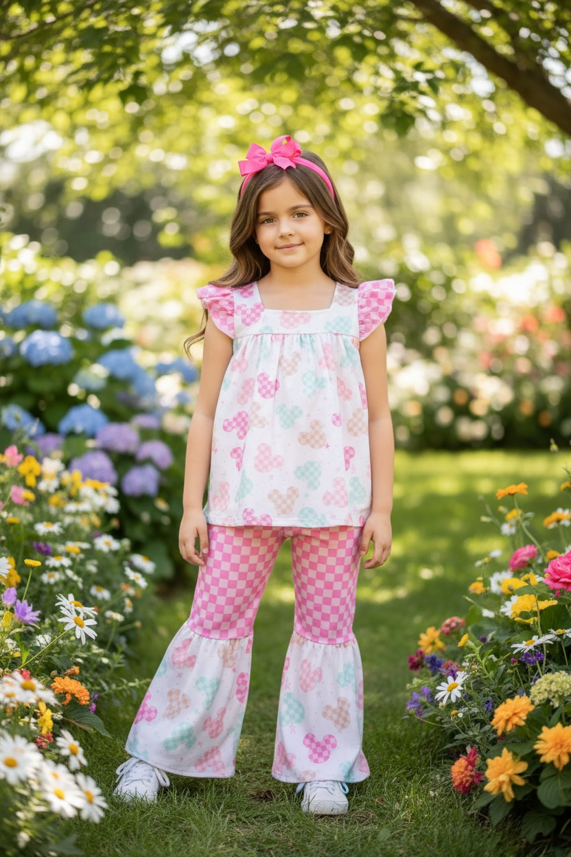 Checkered mouse tunic and bell bottoms.
