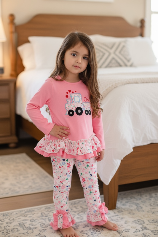 Pink ruffle tunic with choo choo appliqué & floral leggings. OFG60027 AMY