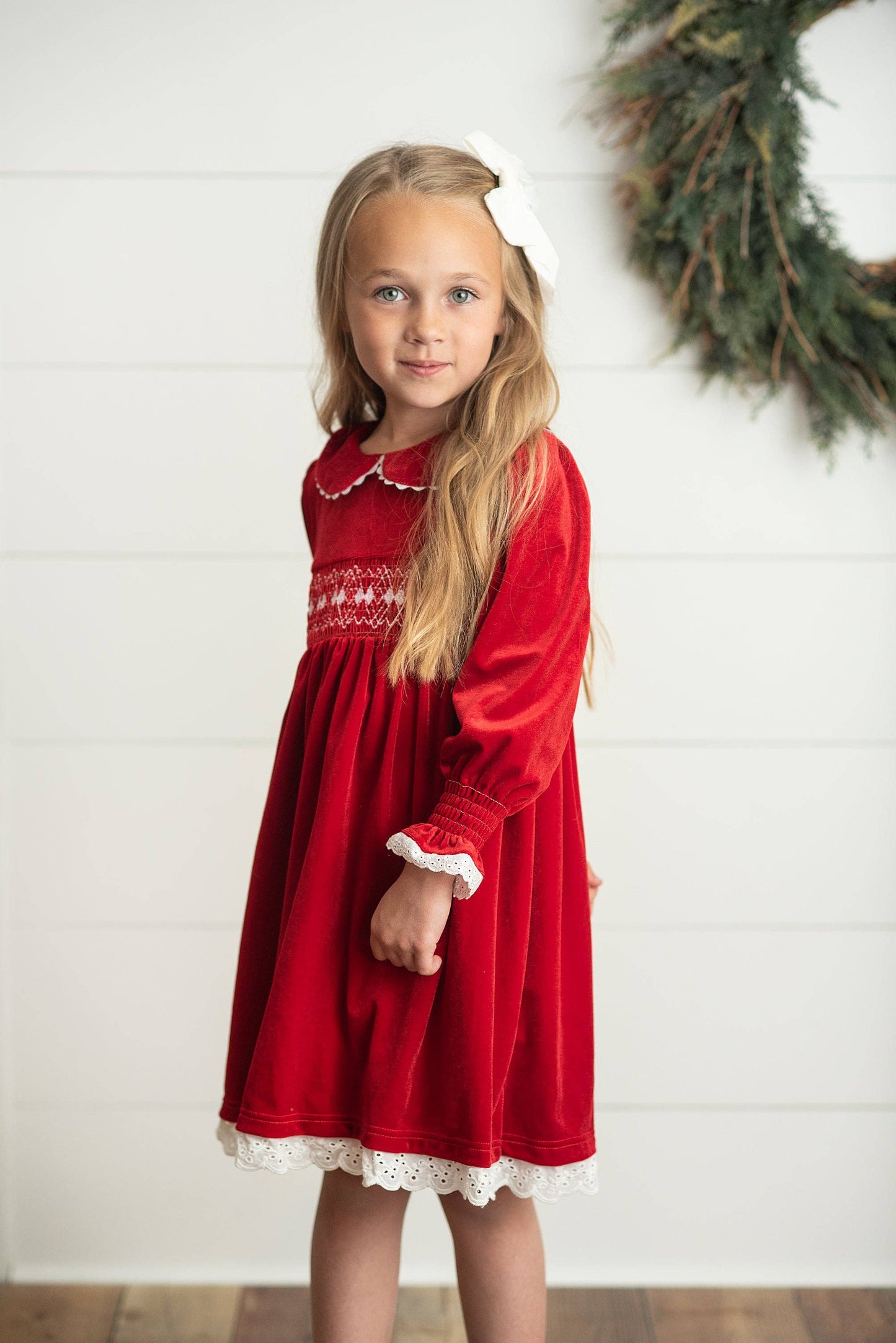 Red Velvet Smocked Lace Dress