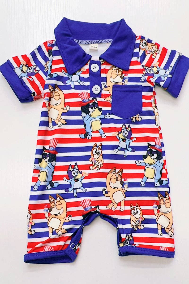 Blu*y patriotic baby romper with snaps.