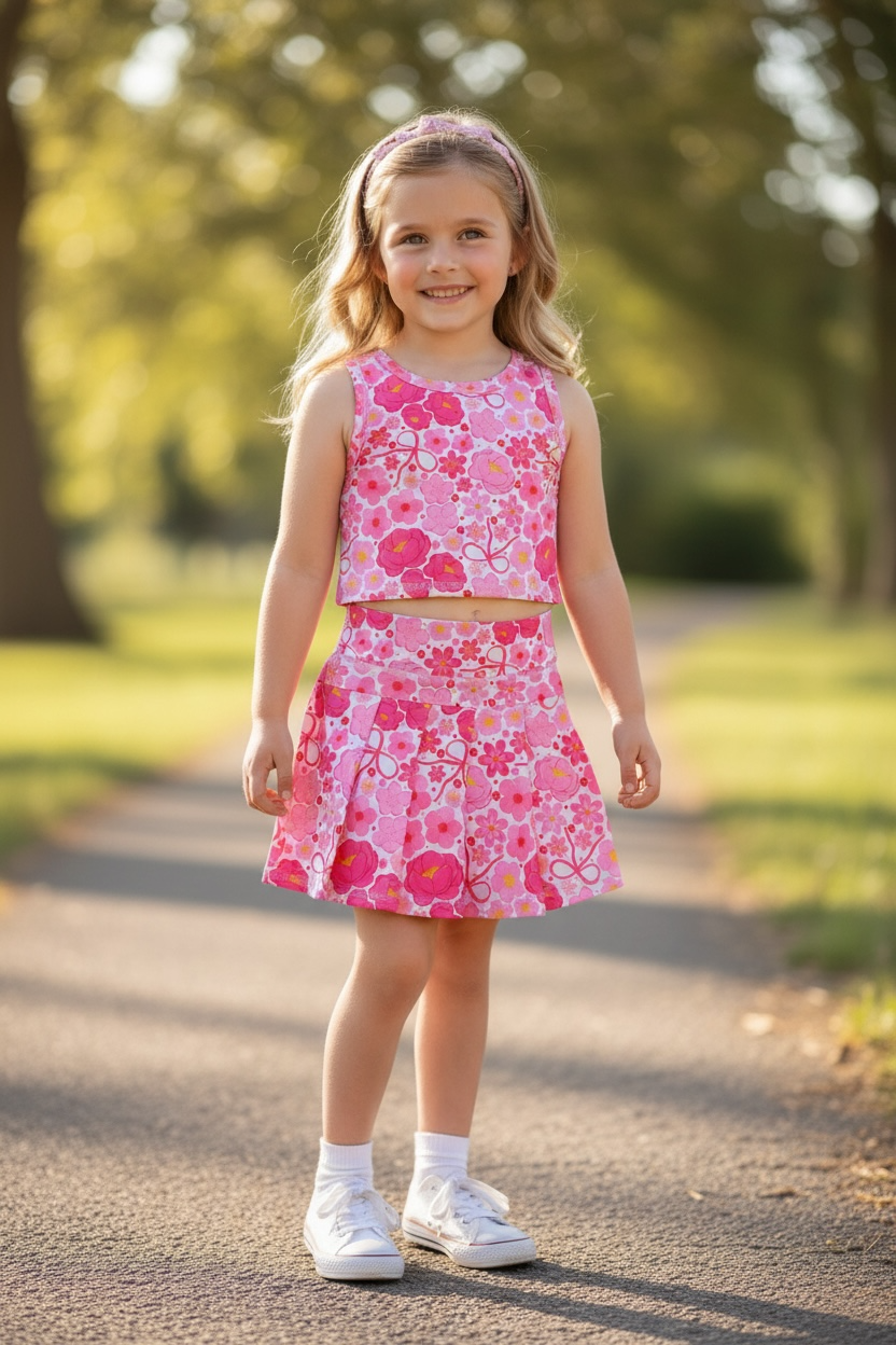 Pink floral printed tank top & skort.
