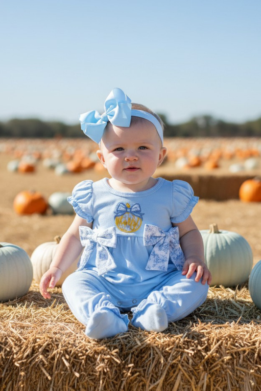 Blue pumpkin romper w/ floral bows