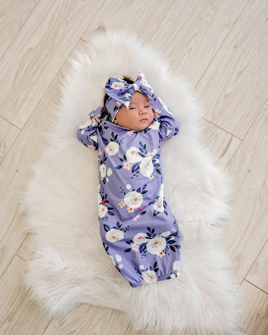 Infant Girls Lavender Baby Gown and Bow Headband