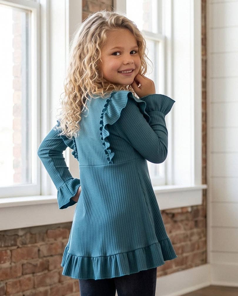 Kids Dark Teal Blue Ribbed Long Sleeve Button Ruffle Shirt