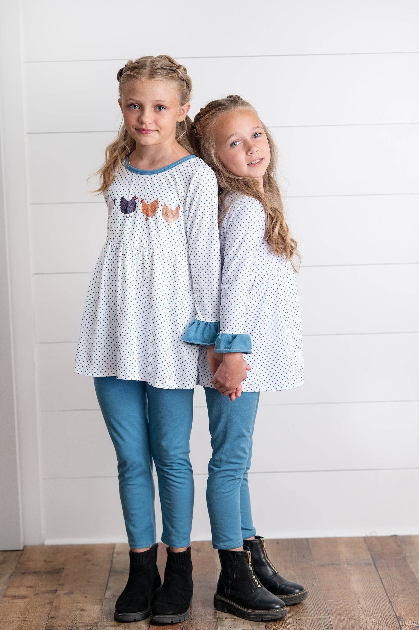Blue Polka Dot & Chicken Pant Set