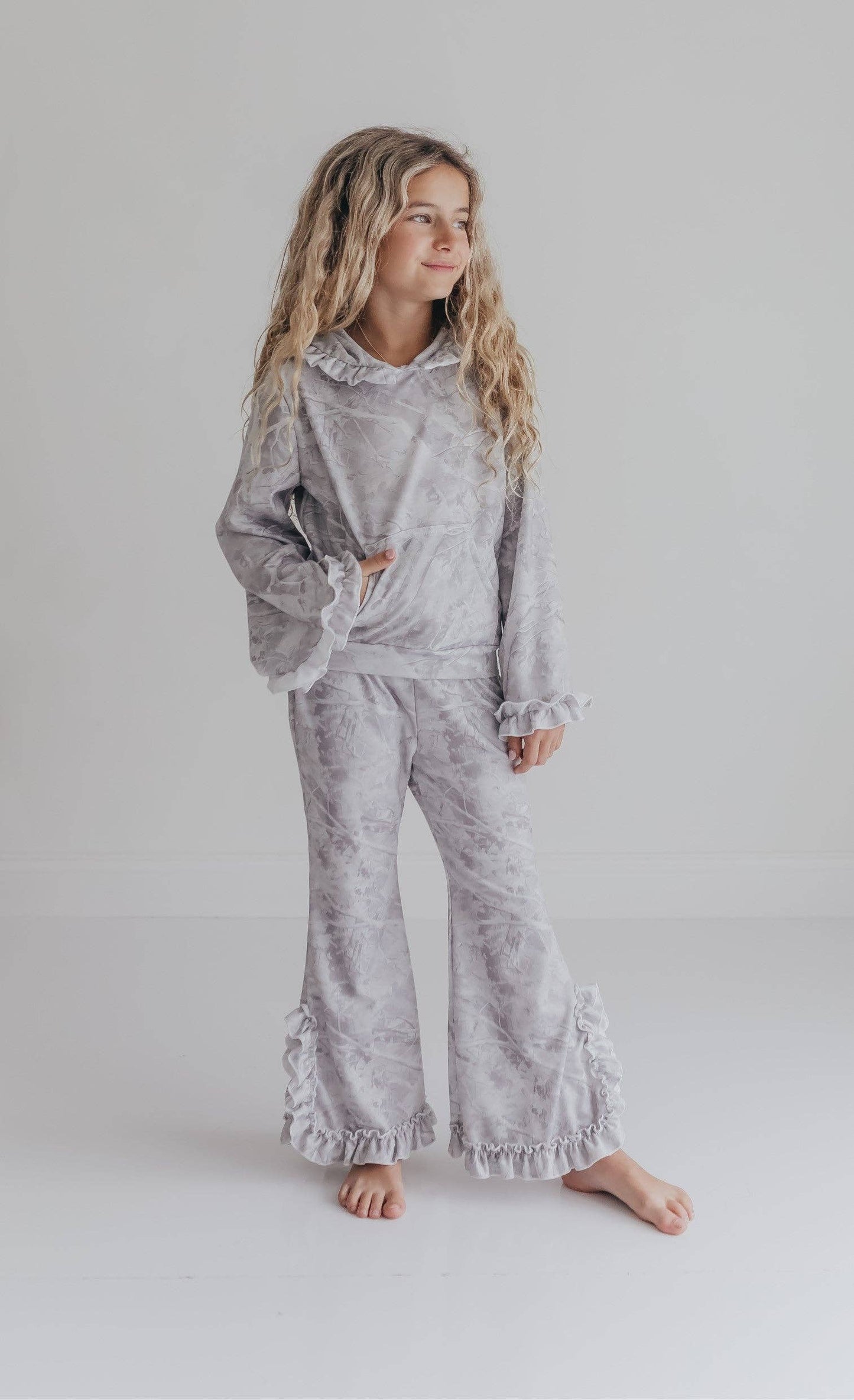 Gray Camo Hooded Ruffle Lounge Set