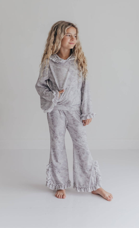Gray Camo Hooded Ruffle Lounge Set