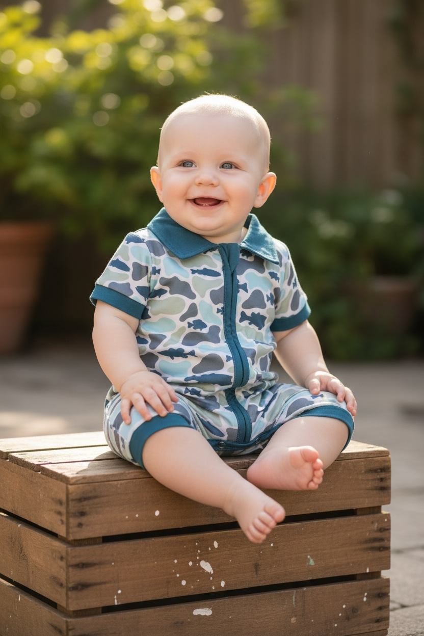 Camouflage boys romper with snaps.