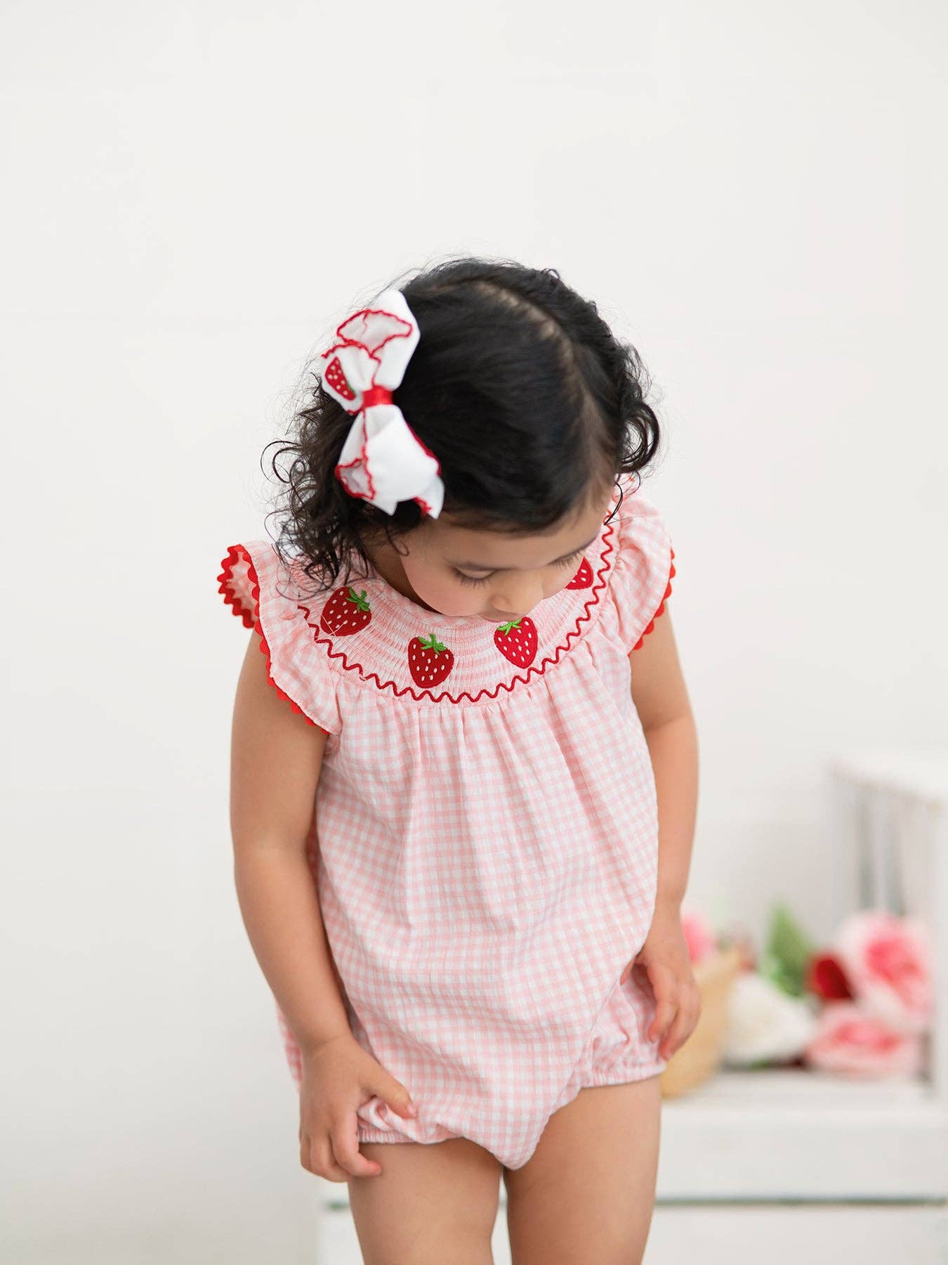 Strawberry Plaid Smocked Romper