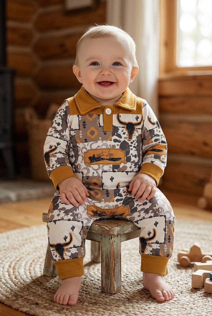 Golden brown western printed romper with patches.