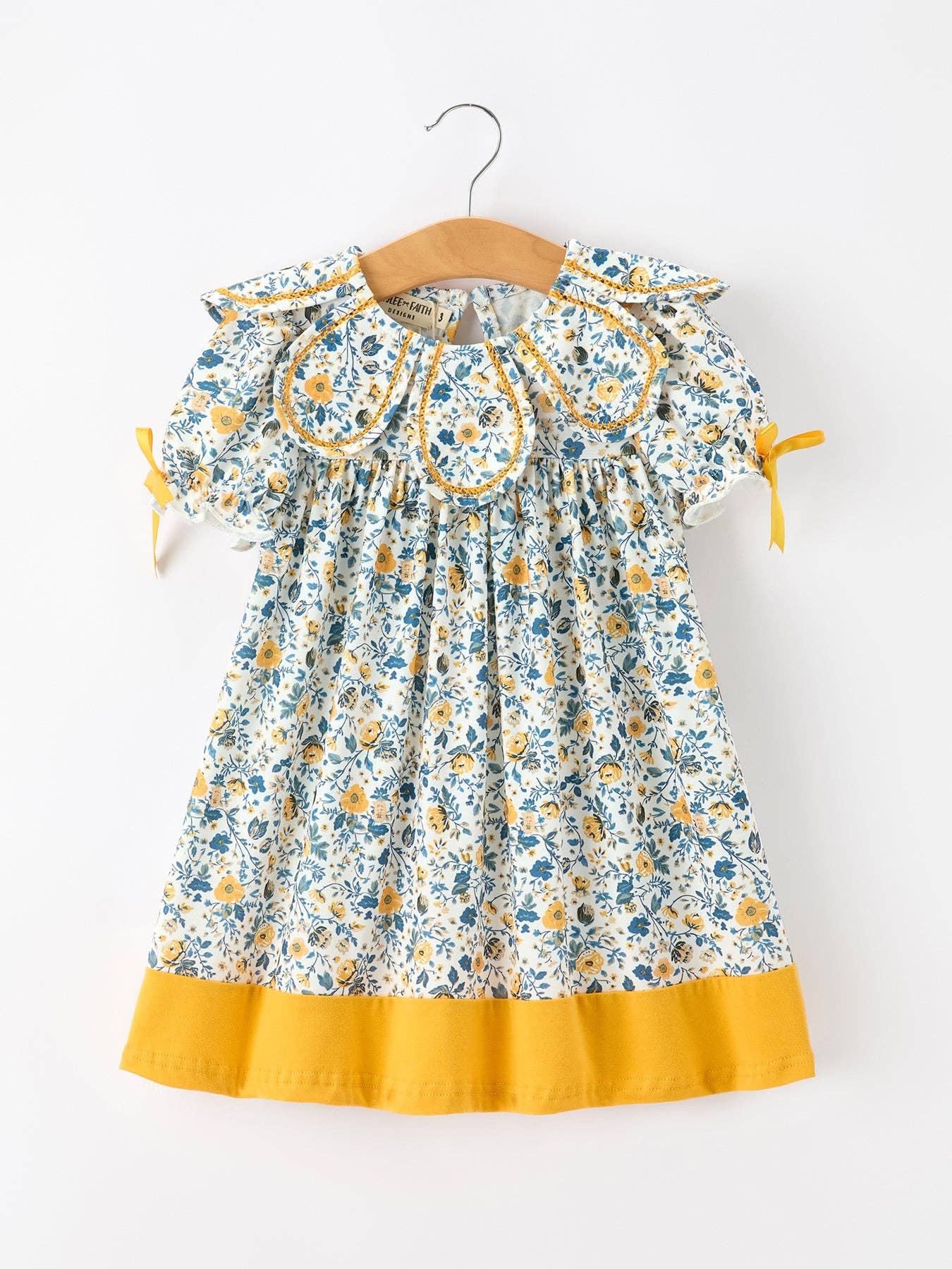 Floral Girls Dress Peter Pan Collar Yellow Trim Puff Sleeve Dress