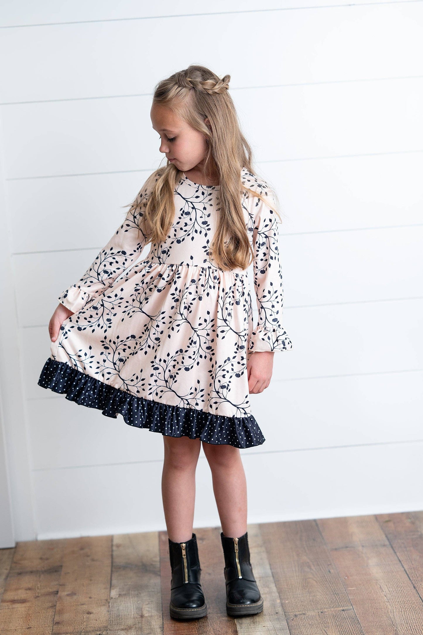 Claire Beige Fall Leaf & Polka Dot Twirl Dress