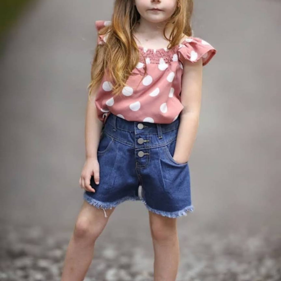 Blush Blouse With White Polka Dot And Shorts