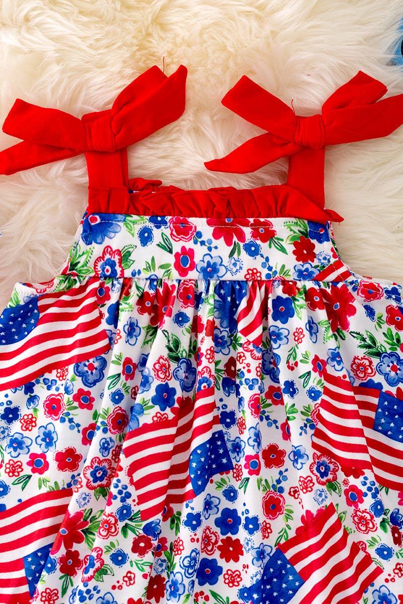 PATRIOTIC PRINTED DRESS W/RED RUFFLE HEM. DRG41504 SOL: S