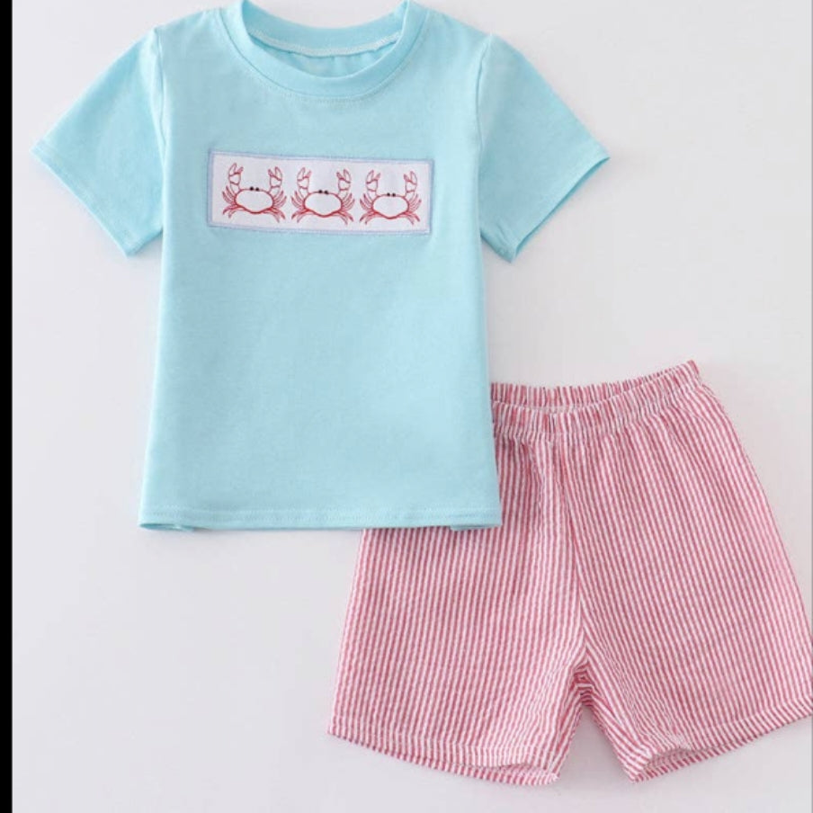 Blue Seersucker Crab Embroidery Boy Set