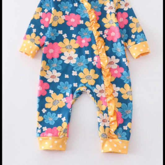 Mustard Floral Print Ruffle Baby Romper