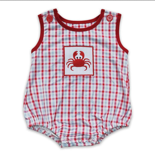 Crab Embroidery Plaid Romper