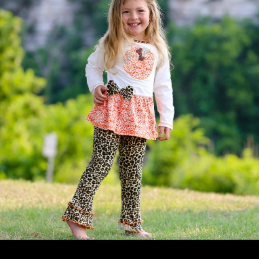 Girls Orange Pumpkin Leopard Tunic Thanksgiving Set