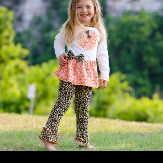 Girls Orange Pumpkin Leopard Tunic Thanksgiving Set