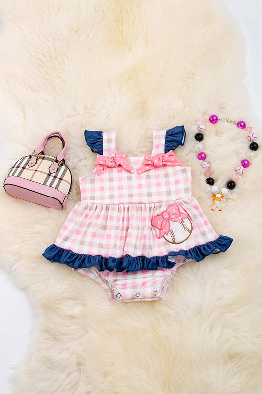 PINK PLAID BASEBALL BABY ONESIE. RPG55144001 SOL: 0-3M