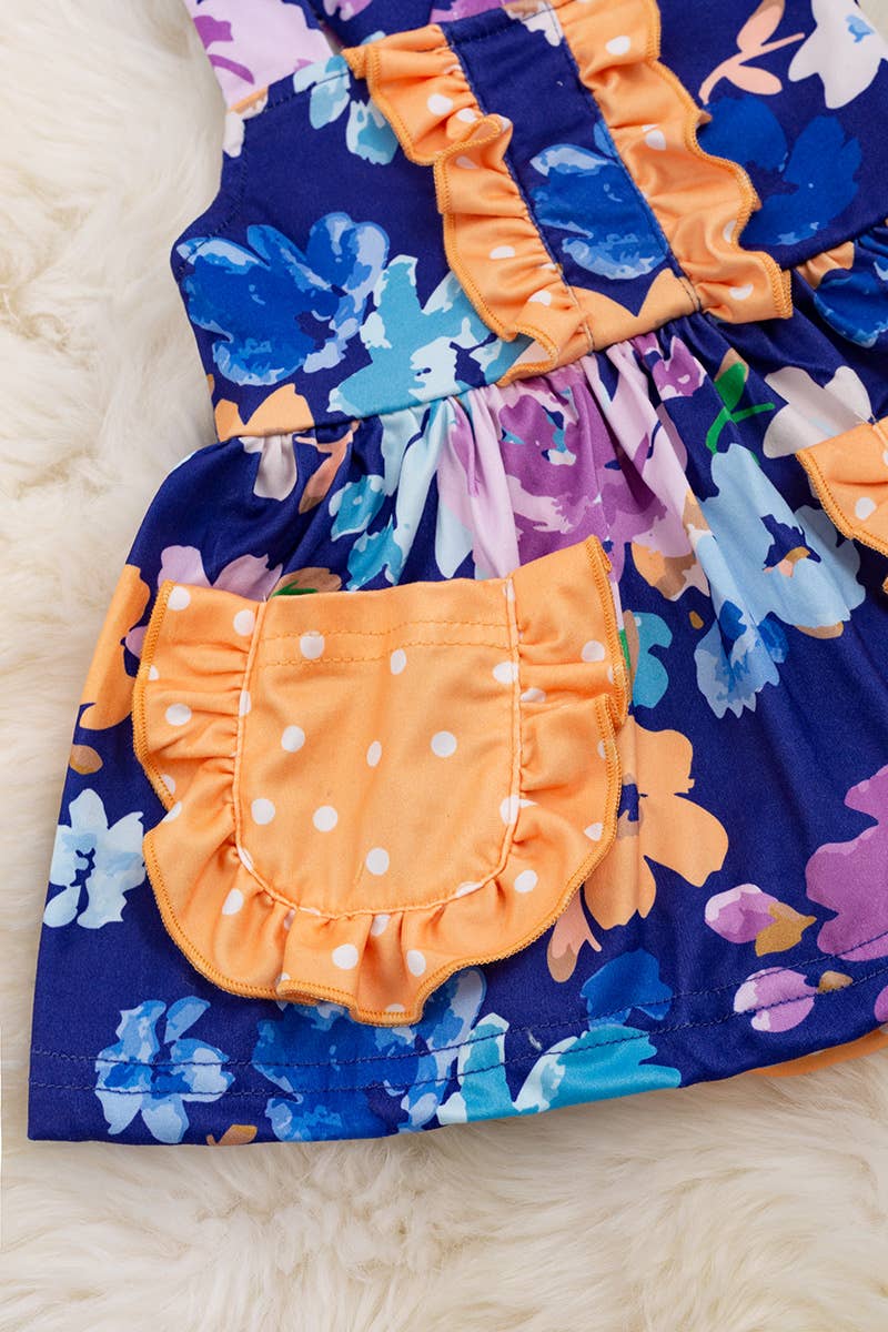 ROYAL BLUE FLORAL PRINTED BABY ONESIE/DRESS.