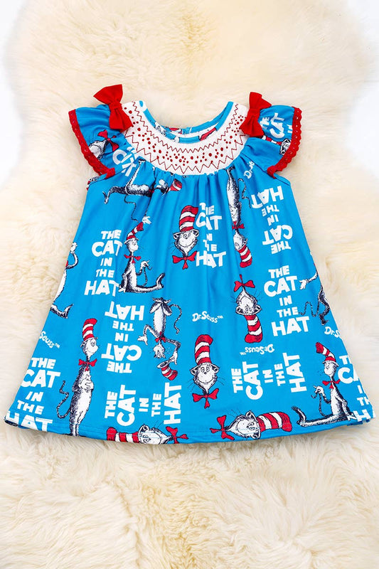 TURQUOISE CHARACTER PRINTED SMOCKED DRESS. DRG40184 JEANN: S