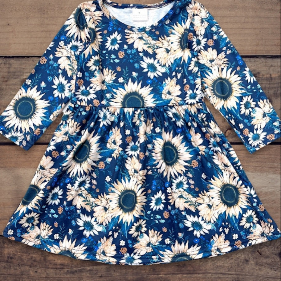 Sunflower Printed On Blue Dress