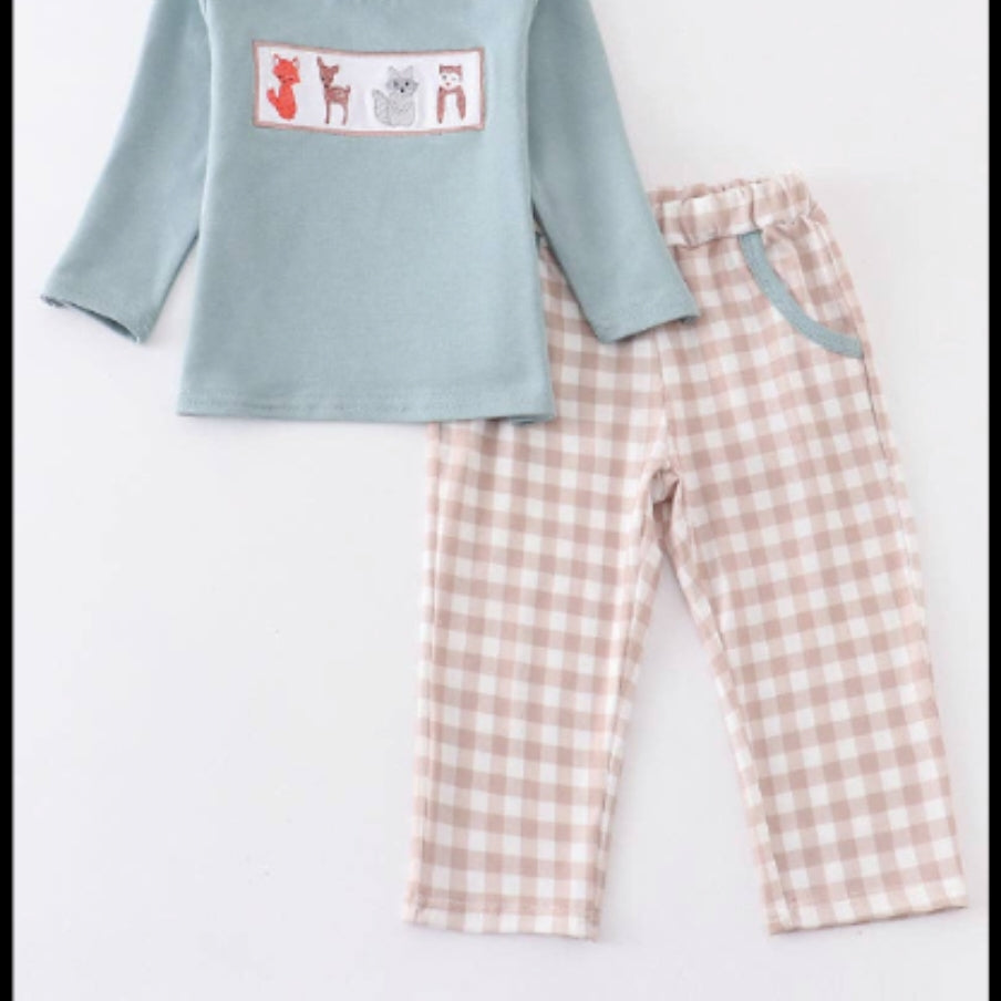 Green Animal Embroidery Plaid Boy Set