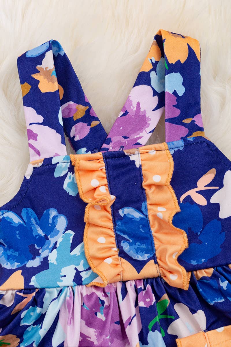 ROYAL BLUE FLORAL PRINTED BABY ONESIE/DRESS.