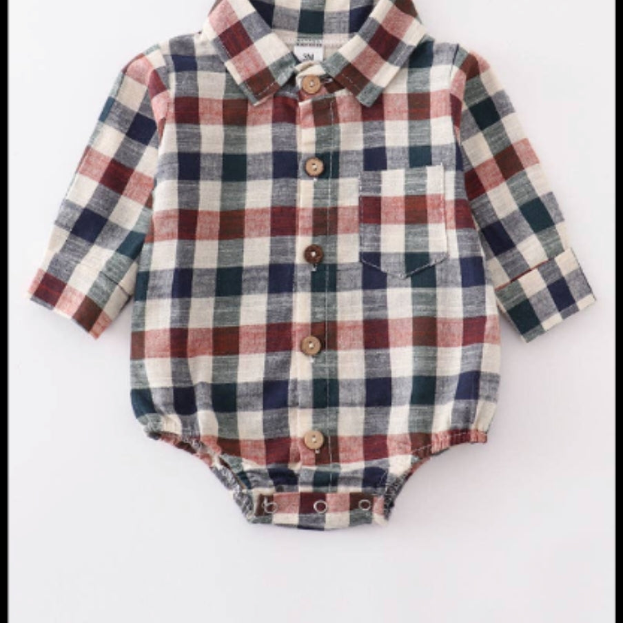 Navy Vintage Plaid Button Down Boy Romper