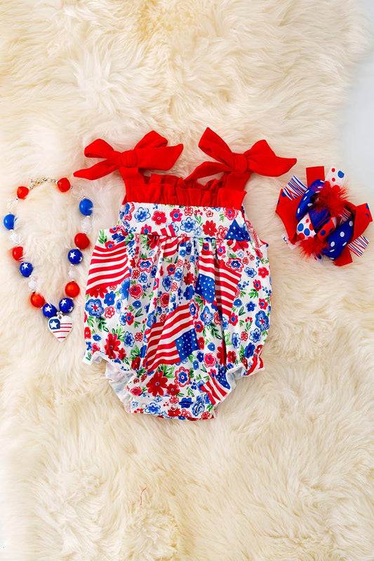 FLAG PRINTED BABY ROMPER-PATRIOTIC ROMPER. RPG40441 LOI: 0-3M